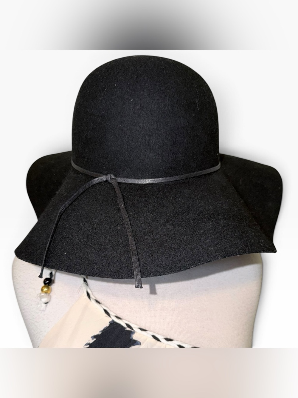 bp Black Wide-Brim Felt Floppy Hat with Tie Accent